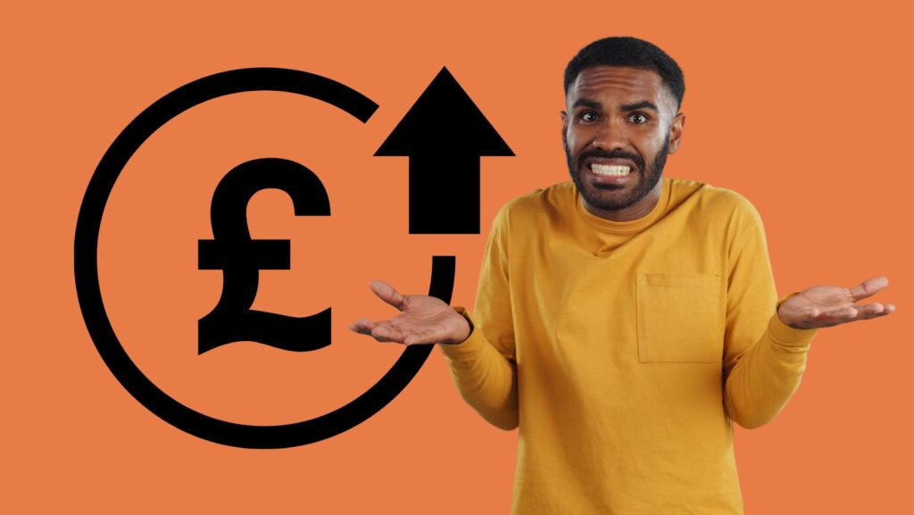 a man standing awkwardly in front of great british pound sign with an upwards arrow