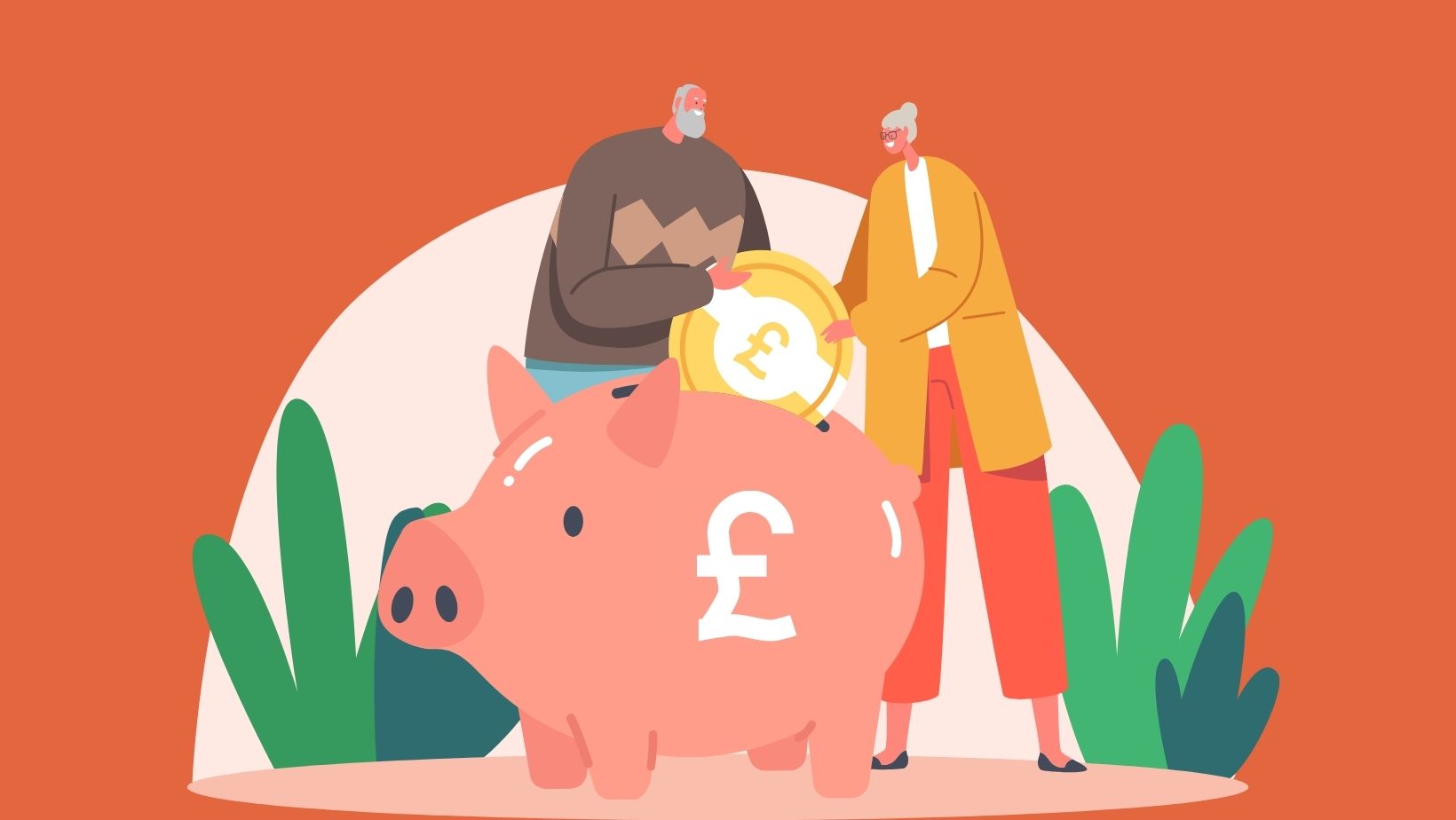 Cartoon couple putting pound coins into a giant piggy bank representing UK state pension
