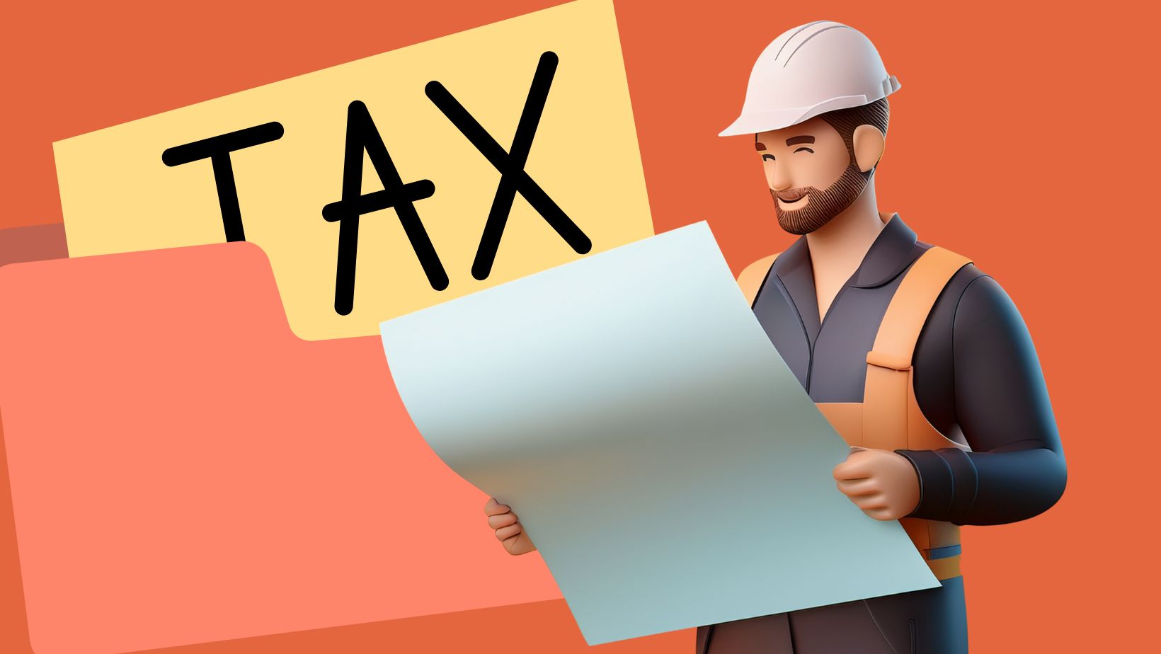 a building contractor looking at a piece of paper from a folder labelled "tax"