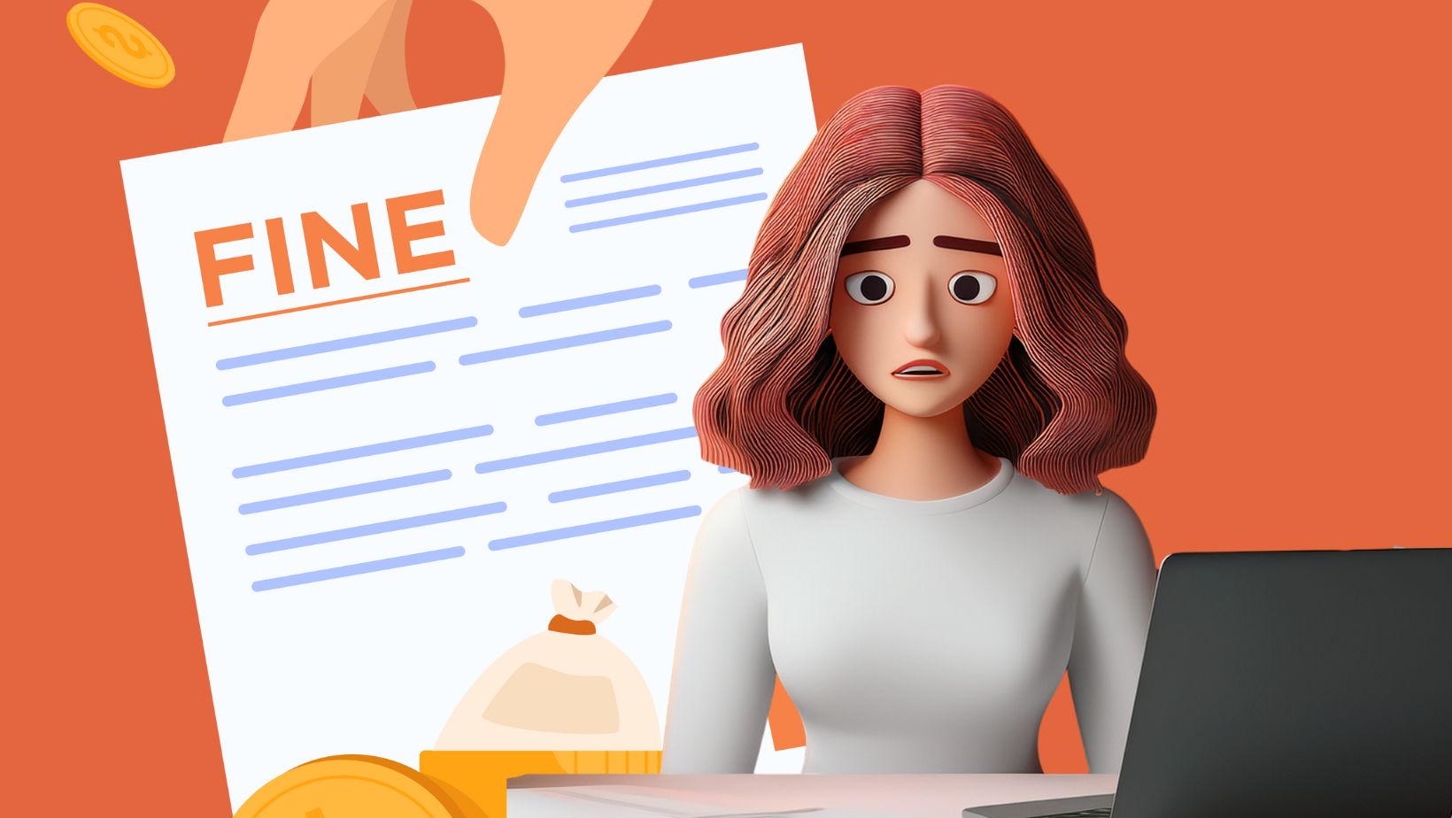 A cartoon woman looking shocked and worried while a piece of paper with the word "fine" hangs behind her