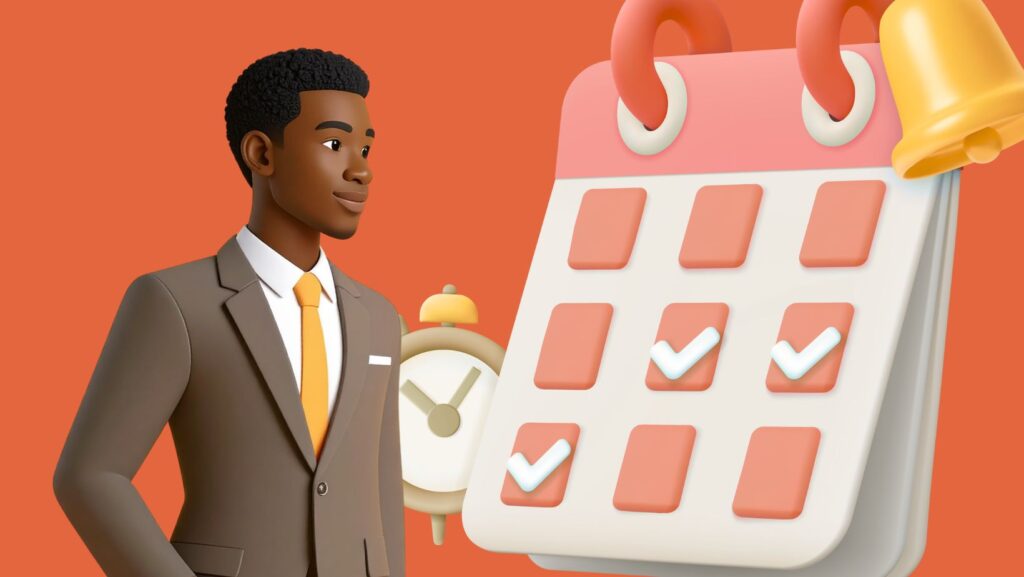 a professional man in a suit looking at a giant calendar with a bell and an alarm clock next to it symbolising the payments on account deadline