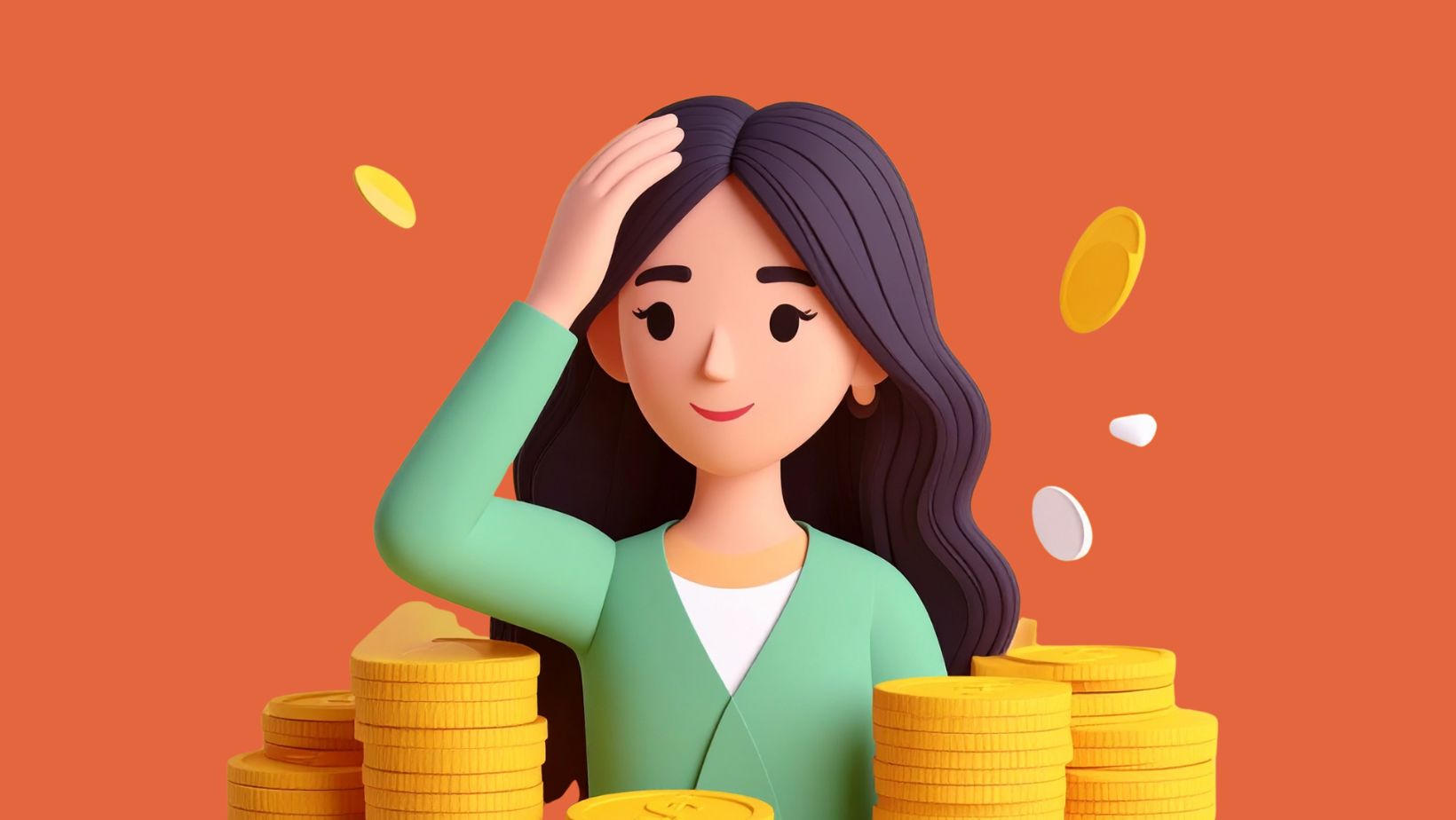 A person scratching their head with piles of coins around them, representing HMRC's new rules about savings of over £3,500