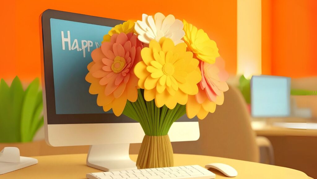 cartoon flowers on a work desk with a MAc computer in the background, representing trivial benefits for small businesses and contractors