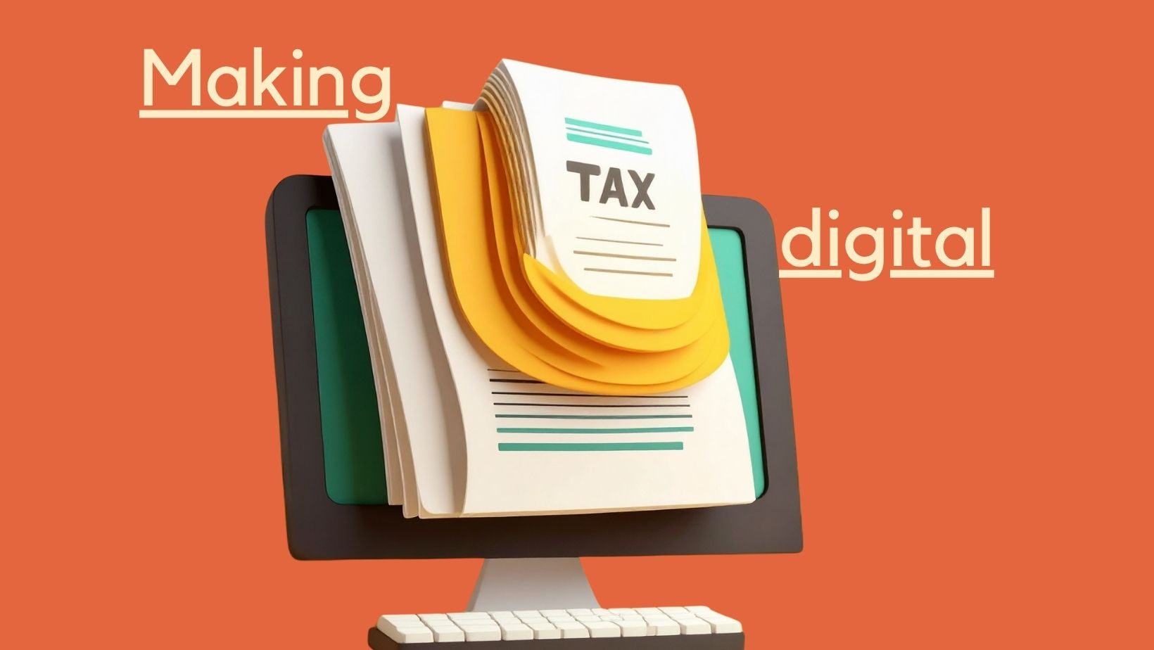 A Mac computer with lots of paper documents with the word 'tax' on disappearing into the screen, representing making tax digital 2026