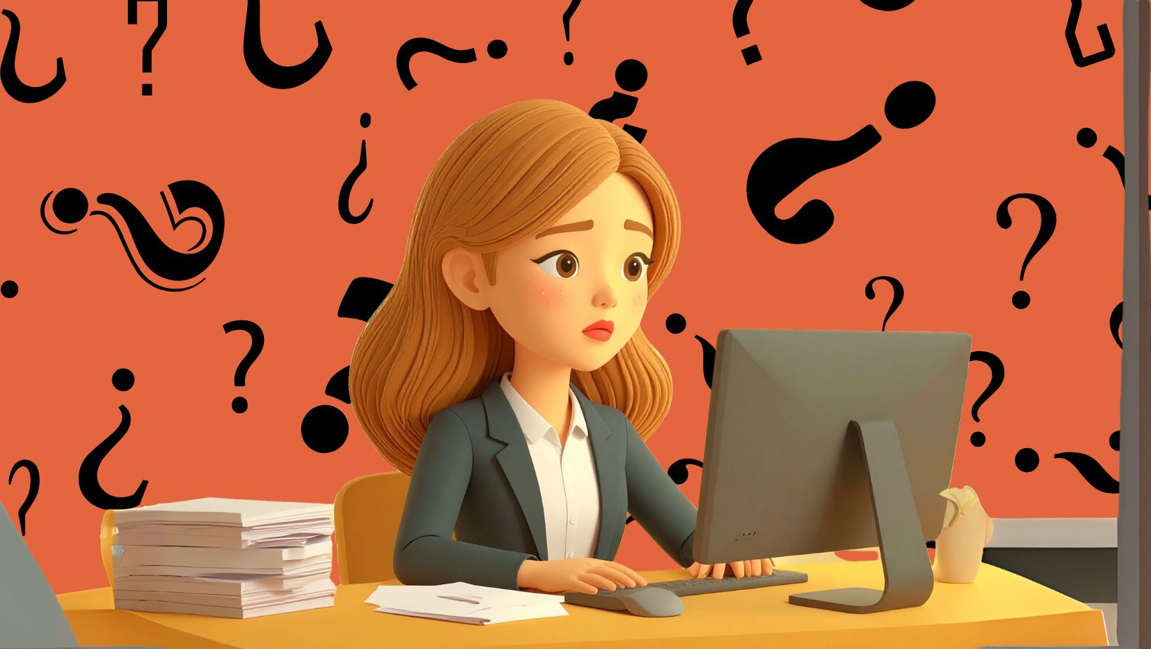 A cartoon woman in a grey suit looking at a computer screen surrounded by question marks, representing a change in tax code from HMRC