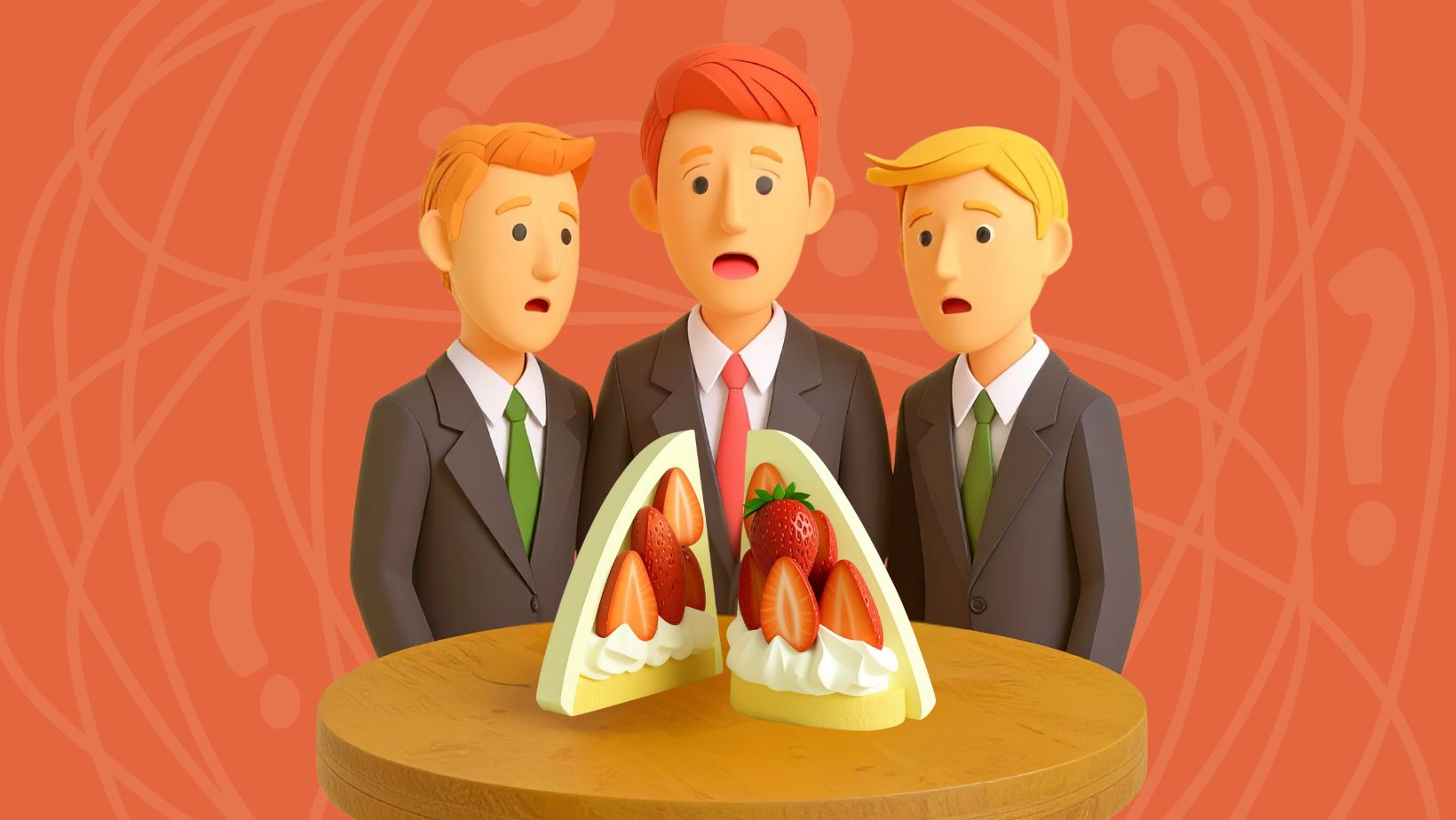 three cartoon accountants gather round a table looking shocked at a strawberry sandwich