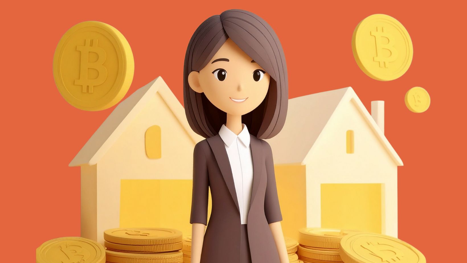 a landlord or small business owner stands in front of two houses with bitcoin cryptocurrency piled around her and falling from the sky